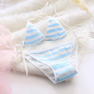 Bras Sets Blue And White Striped Bow Tie Set - Fat Inside Two-Piece