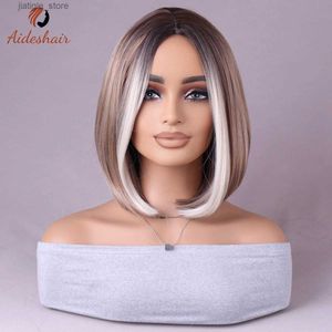 Synthetische Perücken AheshaShair Light Gold Medium Teil Schal Bob Perücken natürliche synthetische hitzebeständige Faser für die tägliche Partykonsum (28 Zoll) Y240401