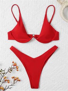 Costumi da bagno donna Lingerie sexy bikini 2024 senza spalline donna reggiseno push up rosso solido costume da bagno a forma di T Haler costume da bagno con scollo a V mini costume da bagno a forma di T J240330