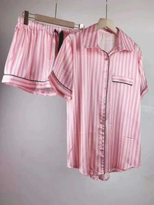 Sexy Pyjamas Womens Silk Pajamas Two-piece Set Cute Sexy Evening Wear Summer New Short-sleeved Pink Striped Satin Home Wear Shorts Set 2404101