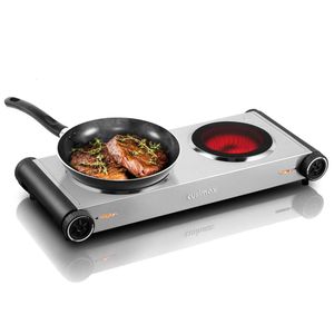 CUSIMAX Dual Hot 1800W Infrared Stove, Portable Electric Stove Cooking, Ceramic Glass Heating Plate, Hidden Handle, Stainless Steel Base, Easy to Clean,