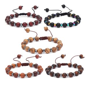 Ethnic 8MM Natural Wooden bead strand Bracelet colorful hematite Braided Rope Bracelets Bangles for Men Hip Hop