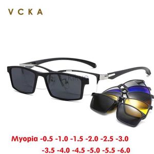 Solglasögon VCKA 6 IN1 Polariserade Myopia Solglasögon Män kvinnor Magnetklipp på glasögon Legering Optisk recept Halva ramar Retro Eyewear 240401