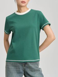Kadın Tişörtleri Kısa Kollu Pima Pamuk Gömlek Kadın Mürettebat Boyun Kontrast Dikiş Tees Klasik Fit
