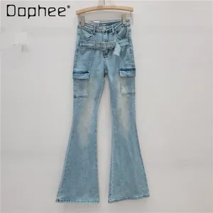 Women's Jeans Side Workwear With Pocket Slightly Flared Female 2024 Spring Vintage Belt Stretch Hip Denim Trousers Jean Mop Pants