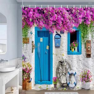 Tende da doccia Paesaggio europeo Fiori viola Piante Porta in legno blu Arredamento bagno vintage in stile mediterraneo con ganci