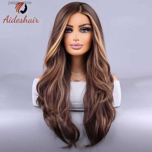 Parrucche sintetiche europea e americana Midsection Curly parrucca per capelli femminile orecchio appeso all'orecchio di grandi onde soffici di capelli castani mixato colore di capelli castani full y240401