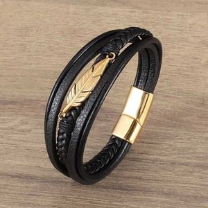 Kette Klassisches mehrschichtiges Lederfeder-Metallschnallenarmband Großhandel mit Herren-Business-Freizeit-Party-Schmuck und Geschenken Q240401