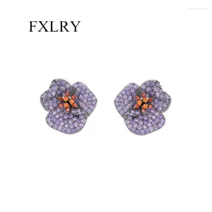 Studörhängen FXLRY Fashion Cubic Zirconia White/ Purple Flower Earring For Women Wedding Jewelry