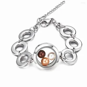 Braccialetti a maglie Acciaio inossidabile 316L Medaglioni galleggianti magnetici da 25 mm Bracciale con memoria in vetro con 3 perle rotonde 7-8MM all'interno SL016