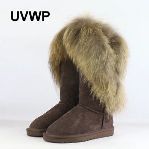 Bot UVWP Moda Doğal Gerçek Tilki Kürk Kadın Kış Kar Botları Sıcak Uzun Botlar Orijinal İnek Deri Yüksek Kış Botları Kadın Ayakkabı