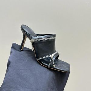 Chinelos sapatos para mulheres couro genuíno super salto alto zíper mules verão slides punk bombas designer zapatillas mujer