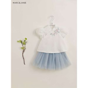 MARCJANIE Elegantes 2-teiliges Mädchen-Cheongsam-Hemd-Mesh-Rock-Set, Blumenstickerei-Oberteil mit Puffärmeln, lässige Outfits, Kinderkleidung für den Sommer