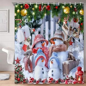 Tende da doccia Simpatico pupazzo di neve di Natale Palle di albero di Natale Rami di pino verde Inverno Neve Anno Home Bagno Decor Set Tessuto