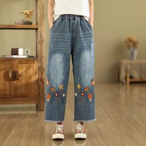Jeans da donna 2024Pantaloni a gamba larga in denim primaverile Donna Cartoon Fiori Ricamo Foro Vita alta elastica Casual