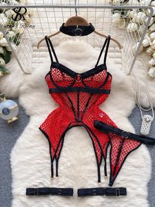 Arbetsklänningar Singreiny 2024 Sheer Mesh Sexiga underkläder Tre stycken Set Halter Steel Splice Ring Top Thongs Erotic Hollow Out Underwear Suits