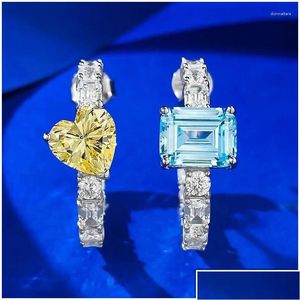 Stud Earrings 925 Sier European And American Style Bright Crystal Contrast Yellow Diamond Sea Blue Love Pair Drop Delivery Jewelry Dhldi