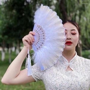 Decorative Figurines Folding Embroidered Flower Feather Fan Vintage Hand For Costume Dancing Handheld Performances Wedding Party