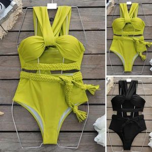 Women's Swimwear Braided Rope Strap Bra Swim Briefs Set Bikini With High Waist Hollow Split Design