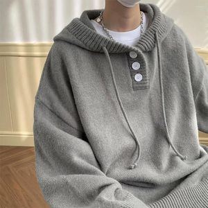 Men's Sweaters Japanese Men Streetwear Solid Color Button Design Hooded Knitted Sweatshirts Clothing Jumpers