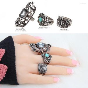 Klusterringar 3st Bohemian Flower Hollow Out Set Women Ethnic Vintage Carved Stone Ring Bijoux Bague