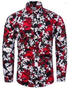 Mäns casual skjortor est 3d tryck blommor mens långärmade toppar mode rose blommor svänger ner krage smal fit skjorta sexiga kläder 6xl