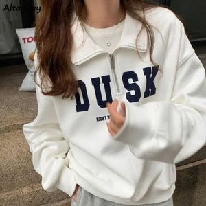 Hoodies femininos moletom moletom feminino carta americana retro simples zíper solto all-match turn-down colarinho chique estudantes casual outono moda aconchegante 240401