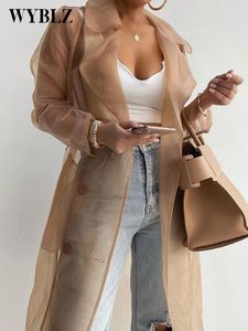 Women's Trench Coats Spring Summer Jacket See Through Outdoor Tops Lace Up Solid Sheer Mesh Long Sleeve Buttoned Coat With Belt Elegant