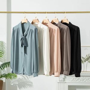 Women's Blouses Spring Silk Shirt Long Ribbon Bow Temperament Sleeve Women Blouse Sand Washed Crepe De Chine