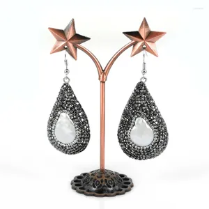 Dangle Earrings Jewelry Water Drop Tear Black Gray Leather Pave Rhinestone And Natural Pearl For Women