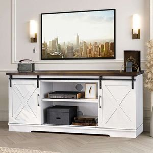 IDEALHOUSE Farmhouse TV-Ständer für 65-Zoll-TV-Entertainment-Center mit Scheunentüren und Lagerregalen