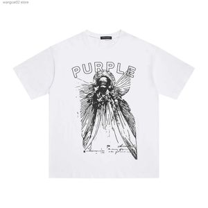 Men's T-Shirts Purple Brand new 2024 summer fashion tide brand ink splash angel print loose short-slved fat man T-shirt T240401