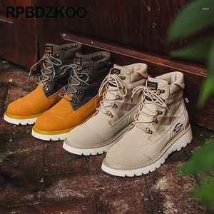 Boots Safety Flats Round Toe Ankle Fall Shoes Durable Combat Army Military Short Work Tactical Men Lace Up Canvas Patchwork Tan