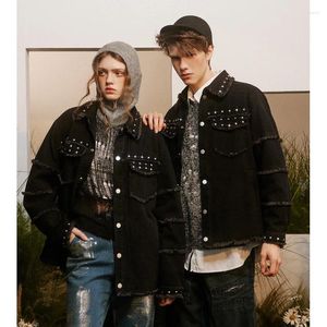 Kvinnors jackor kvinnor män streetwear mode lösa casual vintage hip hop nitet svart denim motorcykeljacka unisex par kappa ytterkläder