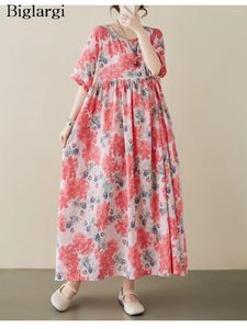 Casual Dresses Oversized Loose Summer Long Flower Floral Print Dress Women Bohemian Style Modis Pleated Ladies Woman Pink