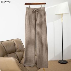 Damenhosen LHZSYY Merinowolle Weitbeinige Schnürung Elastische Hohe Taille Hose Damen Gerade Dicker Strick Mopp Warm Lose Le