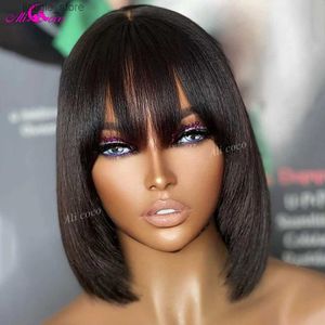 Synthetic Wigs Natural Color Brazilian Human Hair Wig with Bangs Remy Straight Hair Bob Wigs Full Machine Made Wig for Women No Lace Bob Wig Y240401