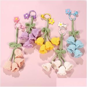 Keychains Lanyards Fashion Hand-Hook Woven Wool Flower Keychains Girl School Bags Söt nyckelring Pendant Bell Hängande smycken Accessor DHRPM