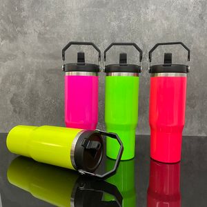 Neon Renkler Süblimasyon Parlak 30oz Tumbler Vakum Yalıtımlı Paslanmaz Çelik Seyahat Kahve Kupası Dökülmeye dayanıklı kapaklı ve sıcak baskı için üst saplı