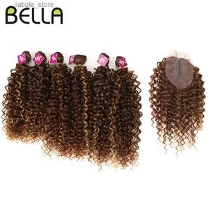 Syntetyczne peruki Bella afro perwersyjne syntetyczne włosy 6 wiązki z 1-ubrania 7pcs/partie Ombre kolor 16-20 cali perwersyjne kręcone wiązki włosów Y240401