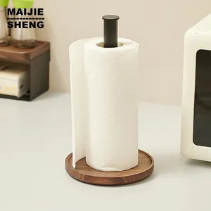 Hooks Modern Walnut Kitchen Roll Paper Holder Vertical Towel Rack Shelf With Wooden Base Countertop Metal Standing