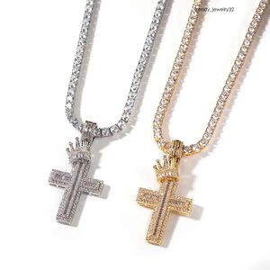 Krone Kreuz Anhänger Halskette Männer Hip Hop Punk Mode Persönlichkeit Breite GRA Moissanit Diamant Gold Sterling Silber Kubanische Link Kette frauen