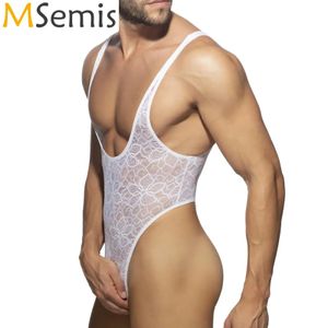 Mens Lingerie Porno Fishnet Teddies Costume Pattern Transparent Bodysuit Deep Scoop Neck Thong Tight Bodysuit Muscle Nightwear 240327