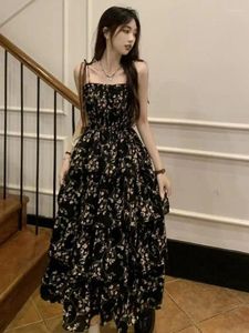 Casual klänningar guilantu y2k koreansk stil en bit blommig klänning kvinnor vintage elegant lager hög midja svart lång slip fairy sommar