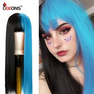 Perücken Leeons Lolita Cosplay-Perücke, halb schwarz, halb blau, rosa und schwarze Perücke, langes glattes Haar, Cosplay-Perücke, zweifarbig, Ombré-Synthetik