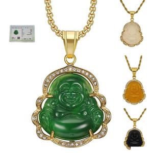 Hänge halsband gröna jade smycken skrattande buddha pendel kedja halsband för kvinnor rostfritt stål 18k guld pläterade amet accessoarer ott6y