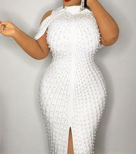 구슬 화이트 칵테일 파티 드레스 여름 2020 섹시한 분할 플러스 크기 바디콘 미디 드레스 우아한 고삐 로브 데 칵테일 3713297