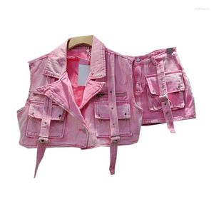 Work Dresses Pink Denim Sexy Two Piece Women Skirt Set 2024 Streetwear Big Pockets Buckle Cropped Jackets And Mini Skirts Matching Sets