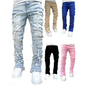 Jeans da uomo vestibilità regolare toppe impilate pantaloni in denim dritto distrutti effetto streetwear abbigliamento casual Jean 79