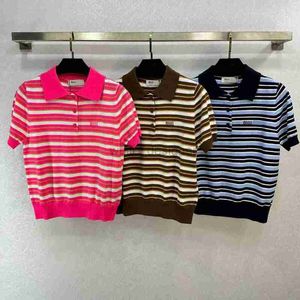 Designer T Shirt Women Early Spring New High Tempered Commuting Style Letter Jacquard Polo Collar Stripe Contrast Knitted Wool